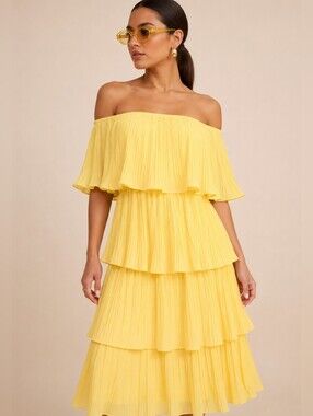 Women's Size L  off-the-shoulder pleated ruffle midi dress Yellow